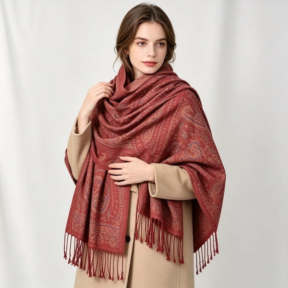 LUVDA Women's Woven Paisley Shawl Wrap Tassel Cozy for Fall Winter