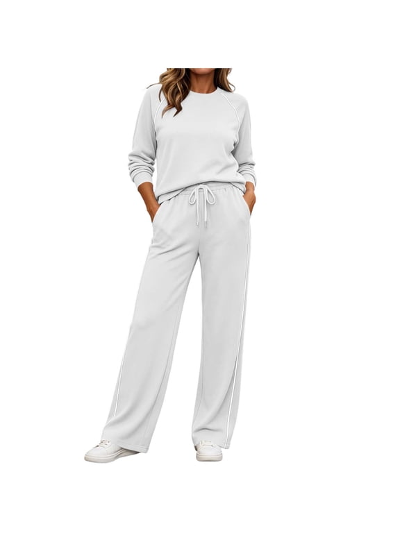 Womens 2 Piece Sets Retro Sporty Outfit Contrast Trim Crew Neck Top Stripe Wide Leg Pants