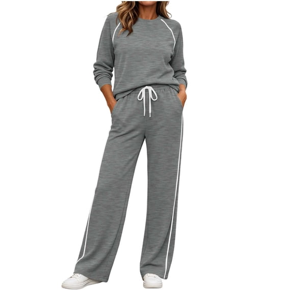 LUVDA Womens 2 Piece Sets Retro Sporty Outfit Contrast Trim Crew Neck Top Stripe Wide Leg Pants