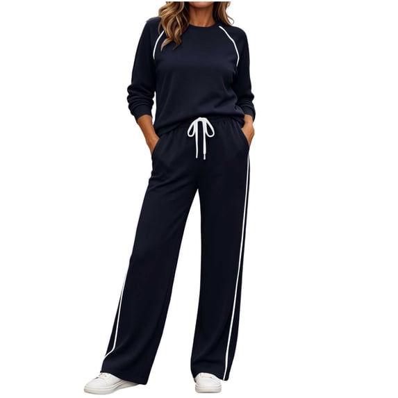 LUVDA Womens 2 Piece Sets Retro Sporty Outfit Contrast Trim Crew Neck Top Stripe Wide Leg Pants