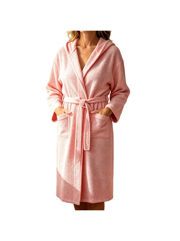 Womens Hooded Absorbent Quick Dry Bathrobe Thick Long Sleeve Robe for Bath