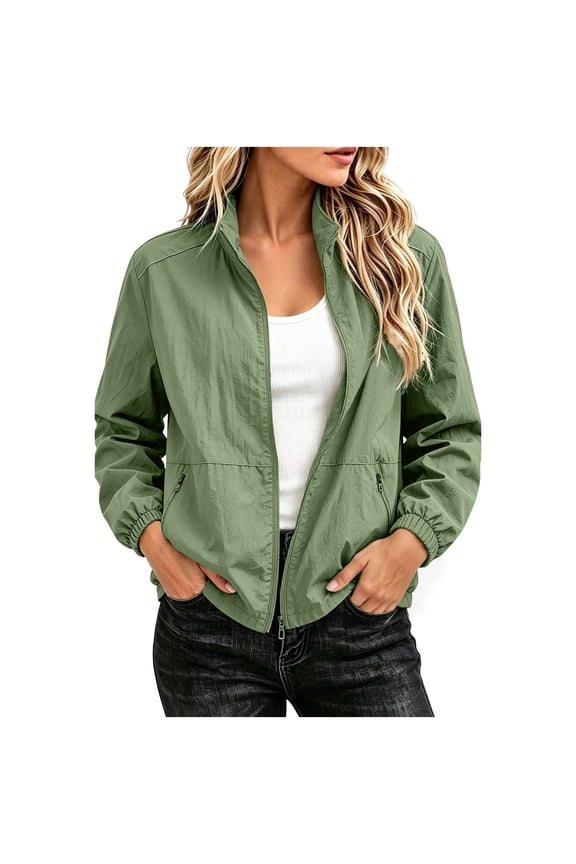 Womens Lightweight Jacket Full Zip Stand Collar Long Sleeve Casual Windbreaker with Zipper Pockets for Travel & Hiking