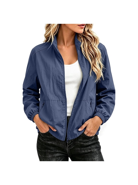 Womens Lightweight Jacket Full Zip Stand Collar Long Sleeve Casual Windbreaker with Zipper Pockets for Travel & Hiking