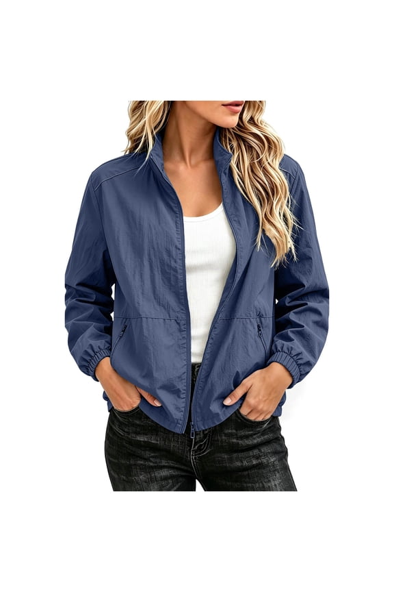 Womens Lightweight Jacket Full Zip Stand Collar Long Sleeve Casual Windbreaker with Zipper Pockets for Travel & Hiking