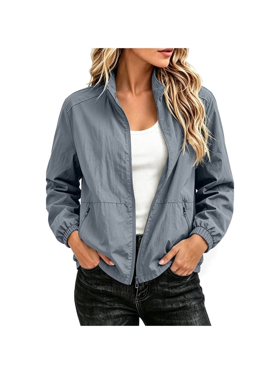 Womens Lightweight Jacket Full Zip Stand Collar Long Sleeve Casual Windbreaker with Zipper Pockets for Travel & Hiking