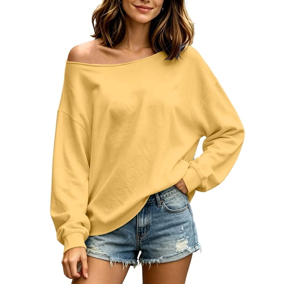 LUVDA Womens Off Shoulder Long Sleeve Sweatshirts Loose Fit Soft Casual Fall Winter Pullover Tops