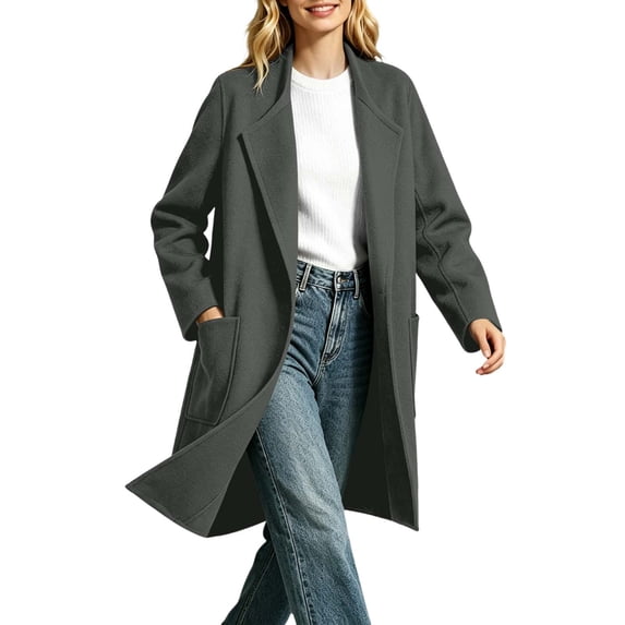 LUVDA Wool Blend Long Coat for Women Open Front Notch Lapel Duster with Patch Pockets Fully Lined Fall Winter Overcoat