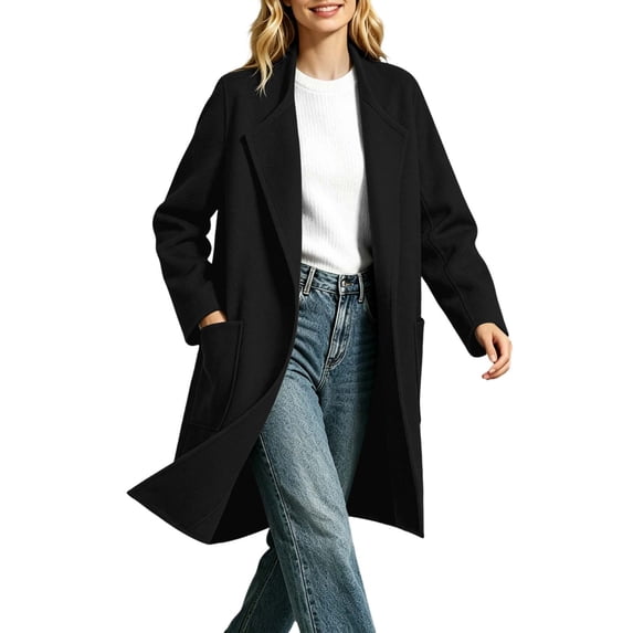 LUVDA Wool Blend Long Coat for Women Open Front Notch Lapel Duster with Patch Pockets Fully Lined Fall Winter Overcoat