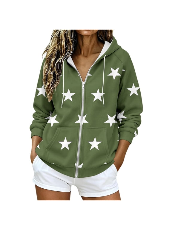 Zip-Up Hoodies for Women Trendy Print Long Sleeve Raglan Sweatshirts with Pockets for Casual Fall Wear