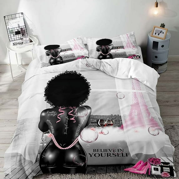 LUVIVIHOME 2PCS African American Black Girl Duvet Cover, Twin Bedding Sets, Pink Eiffel Tower Sexy Black Woman Melanin Afro Girl White Comforter Cover, Inspirational Gifts for Women, 1 Pillow Sham