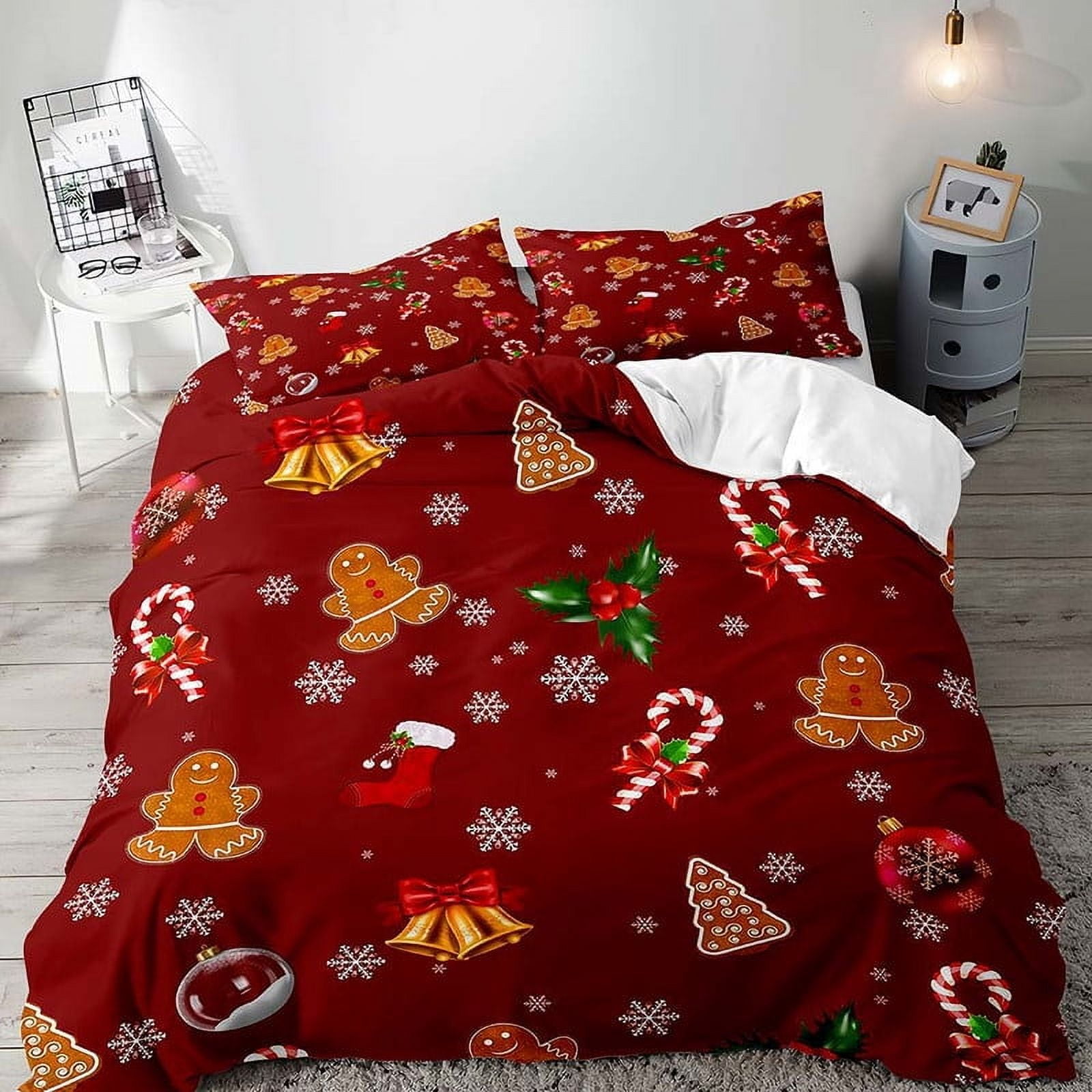 LUVIVIHOME 2PCS Red Christmas Duvet Cover Twin Bedding Sets, Boys Girls Kids Bedding, Xmas Cute Gingerbread Man Candy Cane Jingle Bell Snowflake Holiday Christmas Comforter Quilt Cover, 1 Pillow Sham