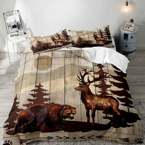 LUVIVIHOME 3PCS Brown Bear Elk Deer Duvet Cover King Bedding Set, Cabin Rustic Bedding, Woodland Animals Country Farmhouse Lodge Quilt Bedspread Comforter Cover, Hunting Gifts for Men, 2 Pillow Shams