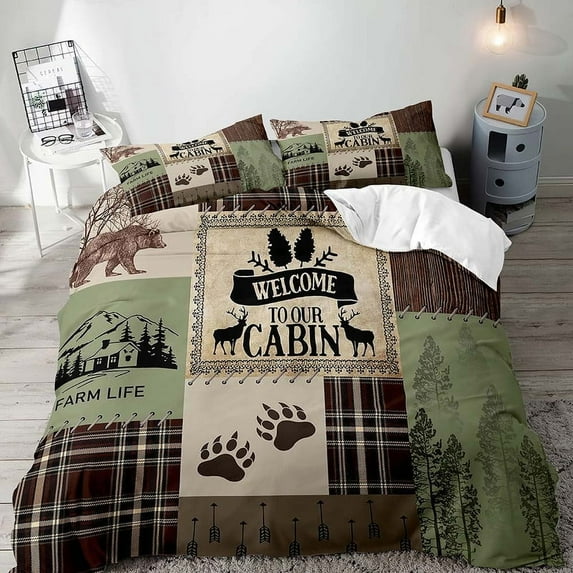 LUVIVIHOME 3PCS Cabin Farmhouse Bedding Set, Brown Plaid Duvet Cover Queen, Bear Deer Elk Moose Woodland Animal Hunting Country Rustic Lodge Patchwork Quilt Sage Green Comforter Cover, 2 Pillow Shams