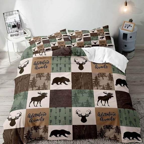 LUVIVIHOME 3PCS Cabin Farmhouse Bedding Set, King Duvet Cover, Black Bear Deer Moose Elk Woodland Animal Hunting Rustic Country Lodge Quilt Beige Brown Plaid Sage Green Comforter Cover 2 Pillow Shams