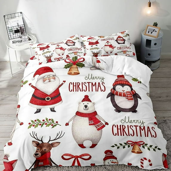 LUVIVIHOME 3PCS Christmas Duvet Cover Full Bedding Set, White Duvet Cover, Boys Girls Kids Bedding, Cartoon Santa Claus Snowman Reindeer Polar Bear Penguin Xmas Comforter Quilt Cover, 2 Pillow Shams