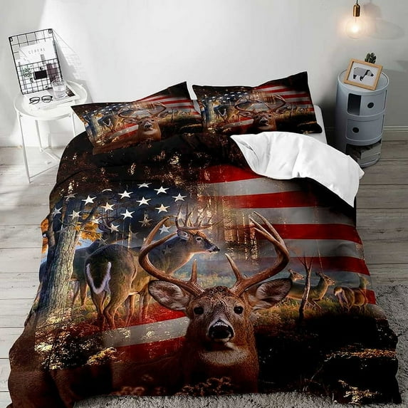 LUVIVIHOME 3PCS Deer Duvet Cover King Bedding Set, Patriotic American Flag Elk Moose Woodland Animals Country Rustic Farmhouse Cabin Lodge Quilt Comforter Cover, Hunting Gifts for Men, 2 Pillow Shams