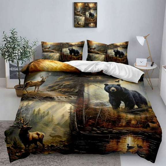 LUVIVIHOME 3PCS Deer Moose Elk Black Bear Duvet Cover Queen Bedding Set, Woodland Animals Rustic Country Farmhouse Cabin Lodge Quilt Comforter Cover, Hunting Gifts for Men Hunters, 2 Pillow Shams