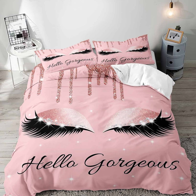 LUVIVIHOME 3PCS Hello Gorgeous Pink Duvet Cover Full Bedding Set