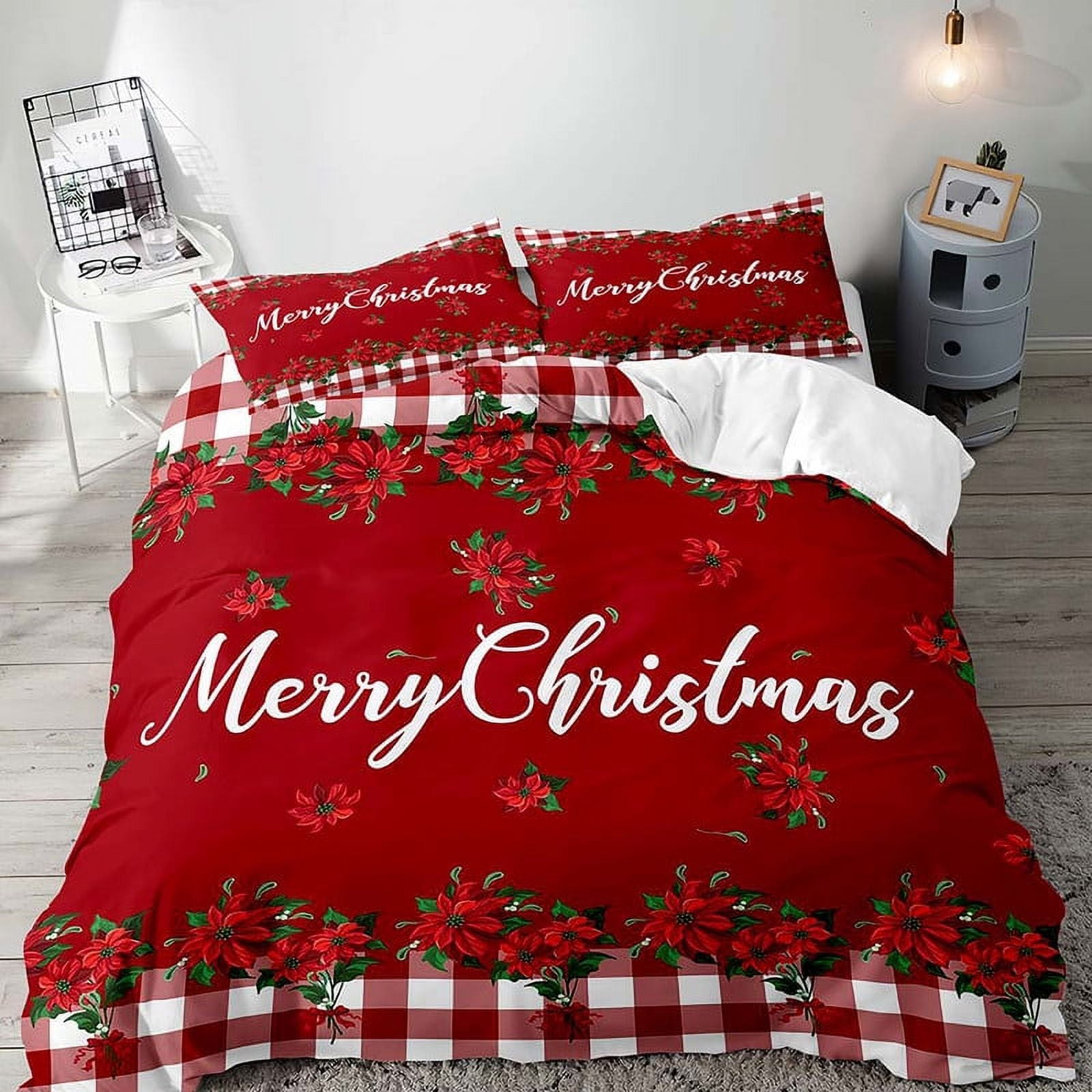 LUVIVIHOME 3PCS Red Poinsettia Floral Christmas Duvet Cover Full
