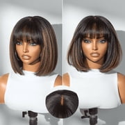 LUVME 10 Put On and Go Brown Highlight Yaki Bob with Bangs Glueless Minimalist Lace Wig Breathable Cap for Women