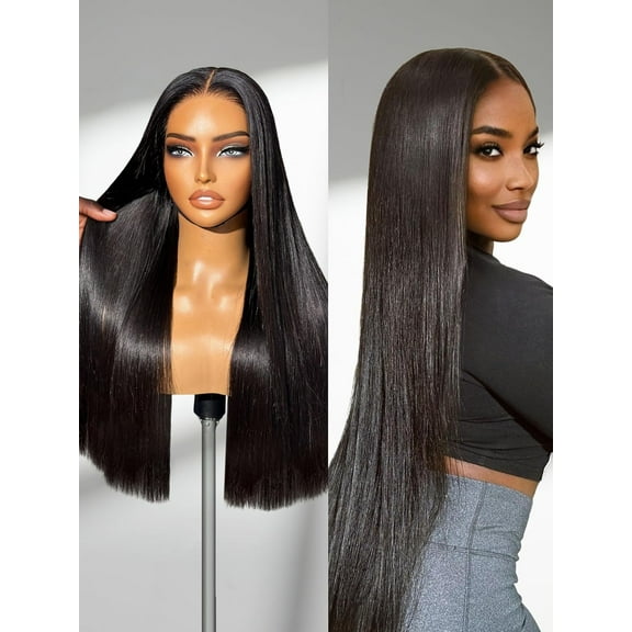 LUVME 100% Human Hair 5x5 Lace Front 12" Straight Wigs Glueless Pre Cut Plucked Long Black Closure for Women
