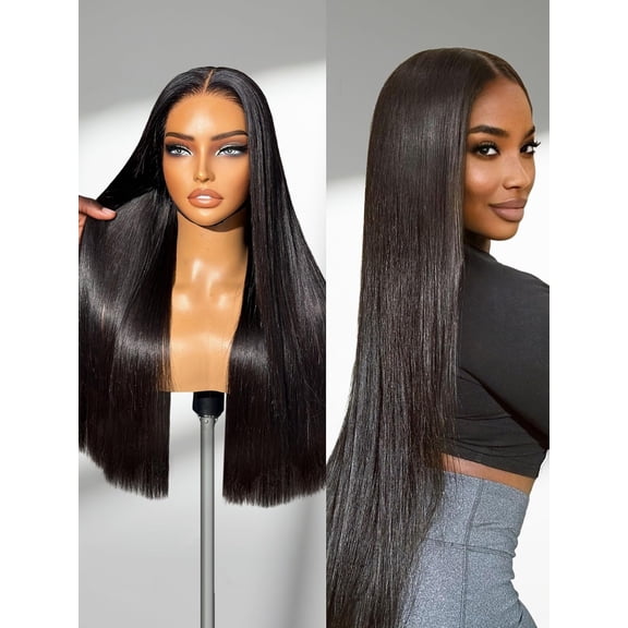 LUVME 100% Human Hair 5x5 Lace Front 14" Straight Wigs Glueless Pre Cut Plucked Long Black Closure for Women
