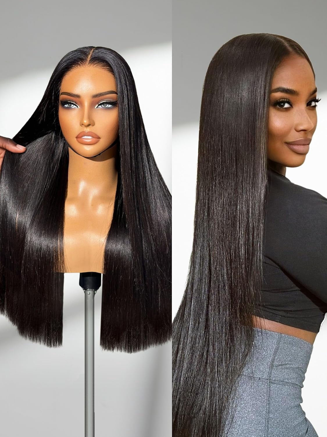LUVME 100% Human Hair 5x5 Lace Front 18" Straight Wigs Glueless Pre Cut Plucked Long Black Closure for Women