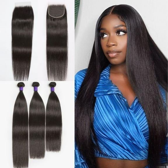LUVME 12" Upgraded Brazilian Hai 3 Bundles with 5x5 HD Lace Closure Virgin Straight Hair for Women