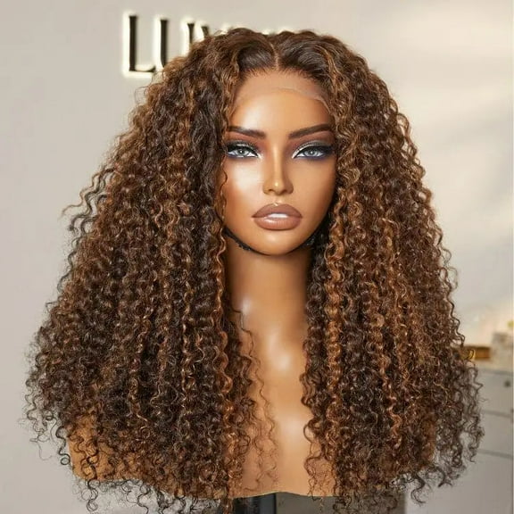 LUVME 180% Density Copper Highlight Kinky Curly Glueless 5x5 Lace Closure Wig