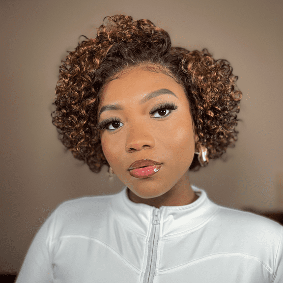 LUVME 8" Brown Highlight Short Cut Slicked Back Deep Curly Ear-to-ear Wide T Lace Wig for Women