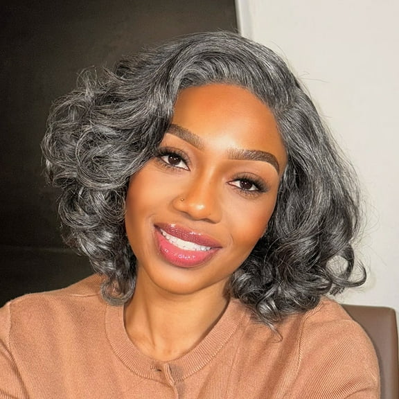 LUVME 8" Mature Boss Salt and Pepper Bouncy Egg Curls Glueless Minimalist HD Lace Grey Wig for Women 1pc