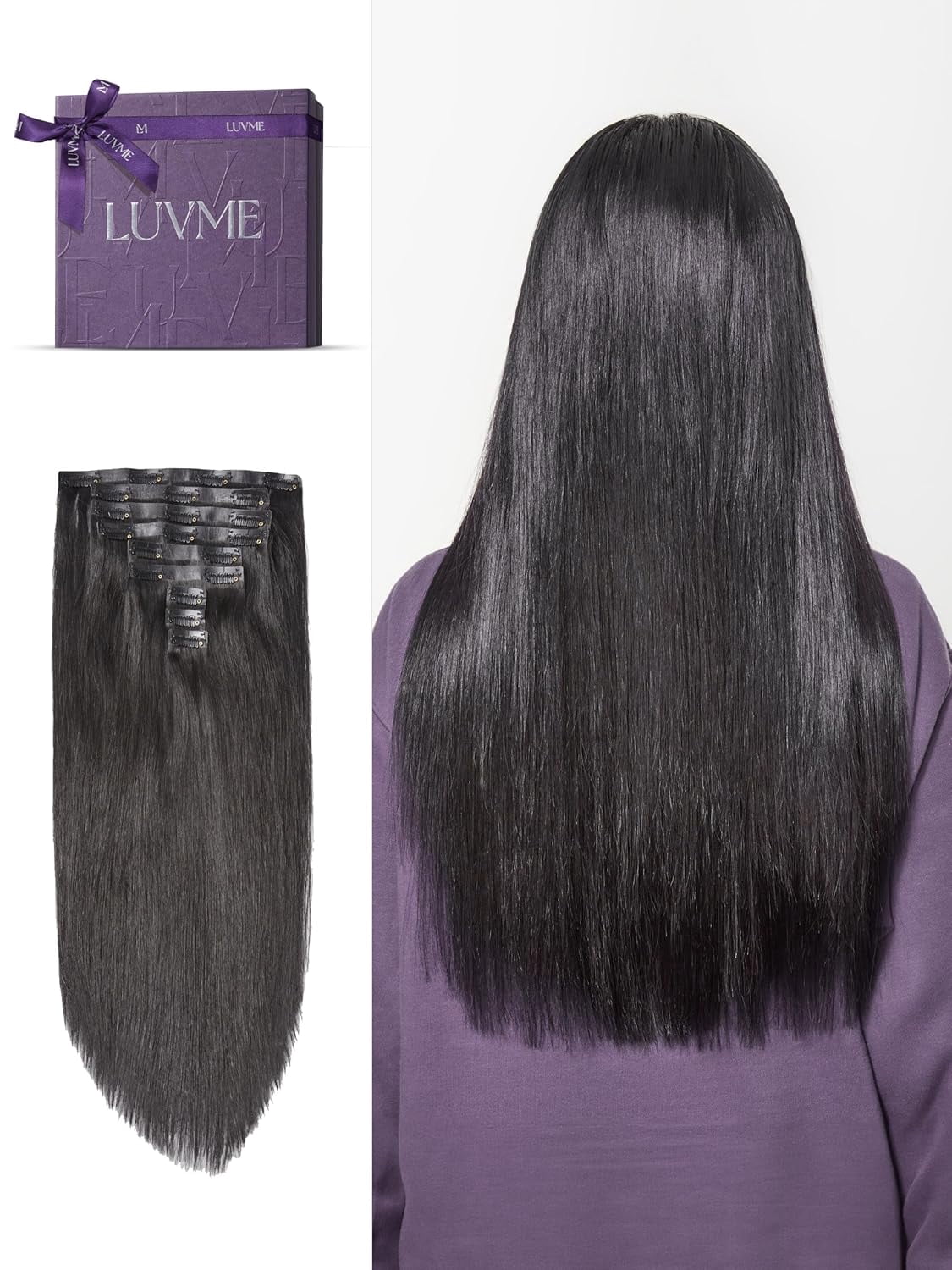 LUVME Clip in 14" Human Hair Extensions Full Max with 2 Pack Natural Black Seamless for Women