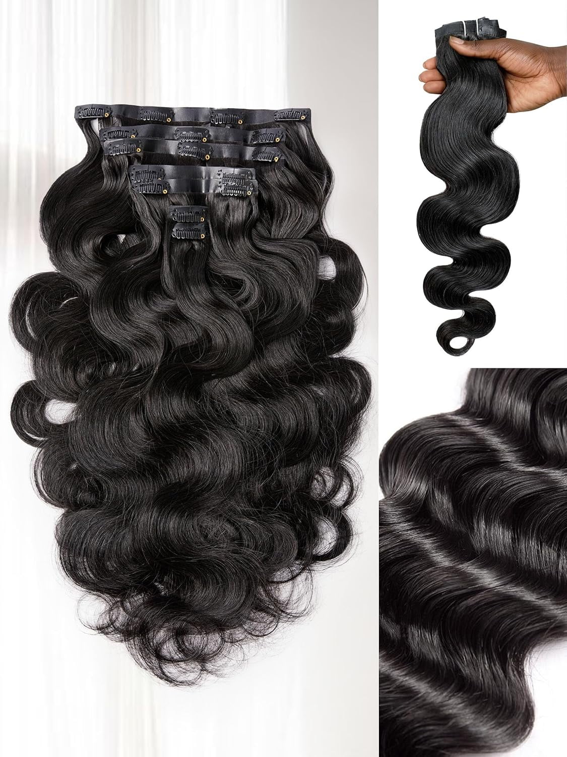LUVME Clip in Hair Extensions 18" Real Human Hair Natural Black for Women on Thick Body Wavy Extensions
