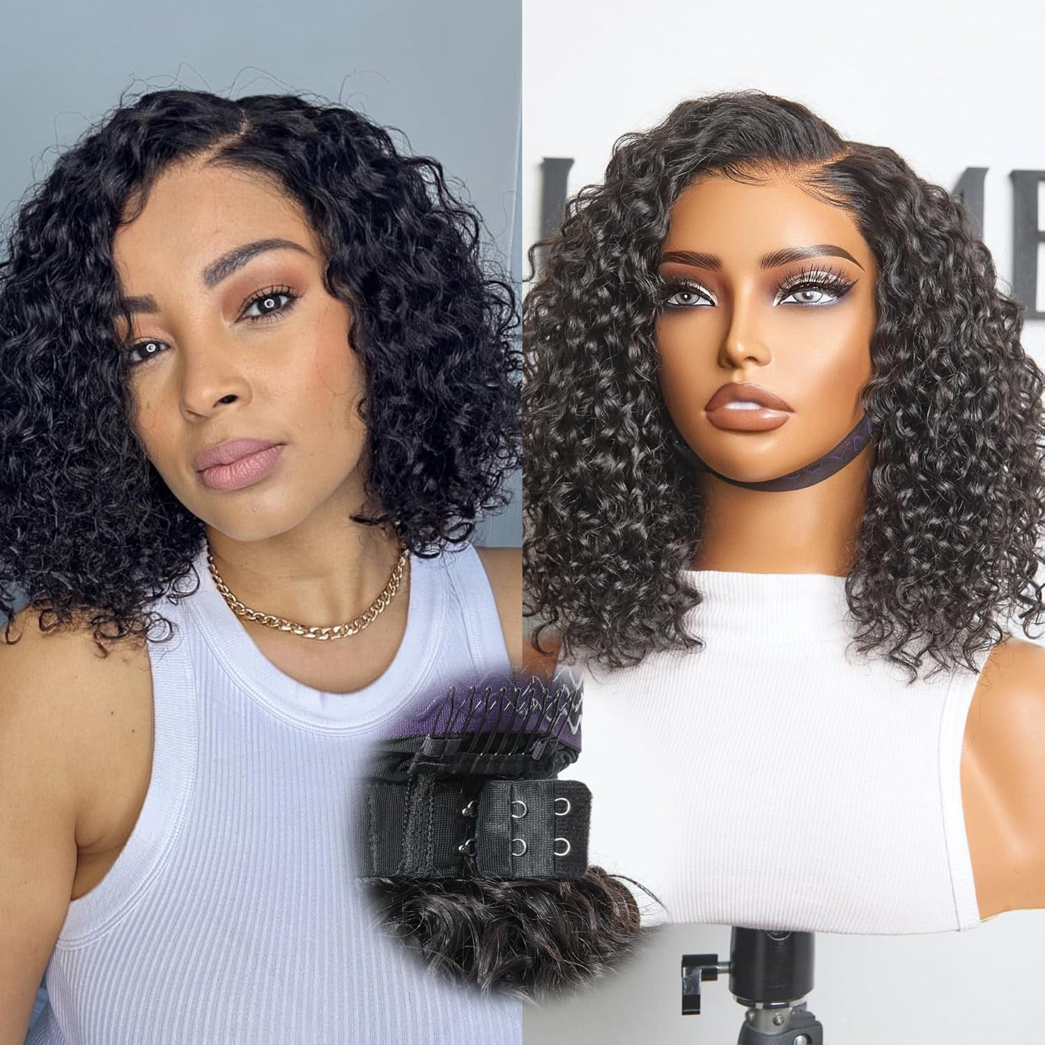 LUVME Deep Wave Glueless HD Lace 100% Human Hair Short Wigs 16" Pre Cut Plucked Natural Color Side Part Black
