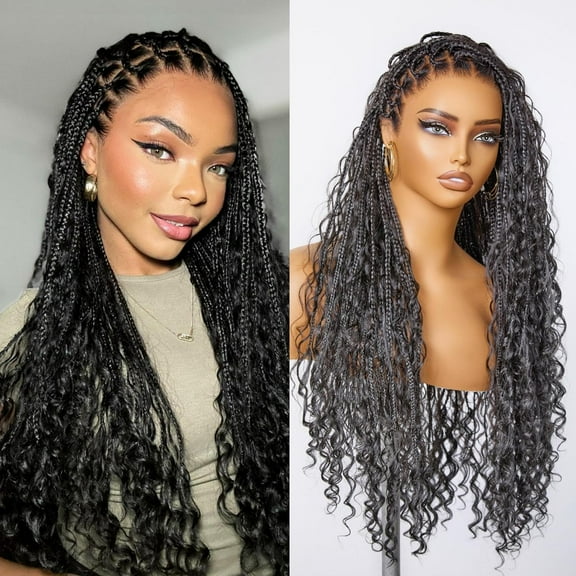 LUVME Flexi-Fit Invisi Drawstring Cap Full Lace Knotless Boho Curls Braided 26" Long Wig Super Natural Scalp