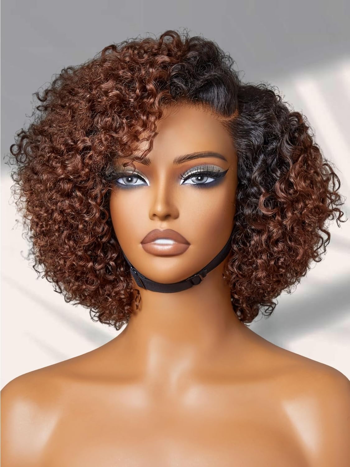 LUVME HD Lace Closure Kinky Curly Bob Wig 8" Ombre Mix Brown Human Hair Pre Cut Glueless C-Side Parted For Women