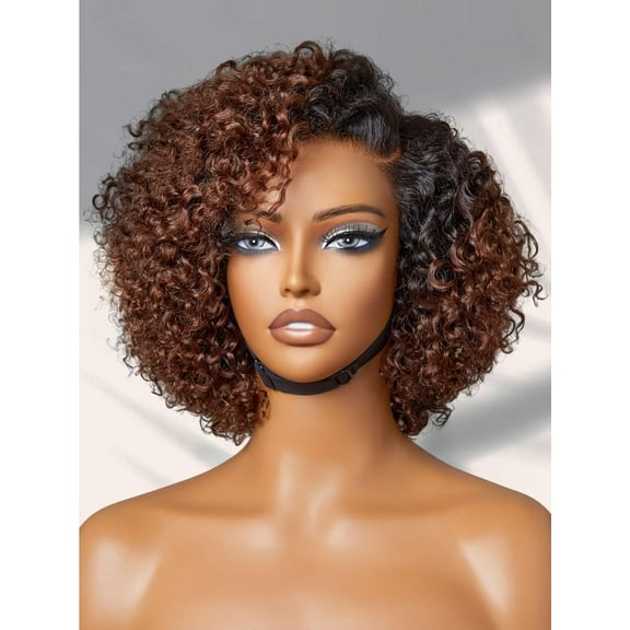 LUVME HD Lace Closure Kinky Curly Bob Wig 8" Ombre Mix Brown Human Hair Pre Cut Glueless C-Side Parted For Women