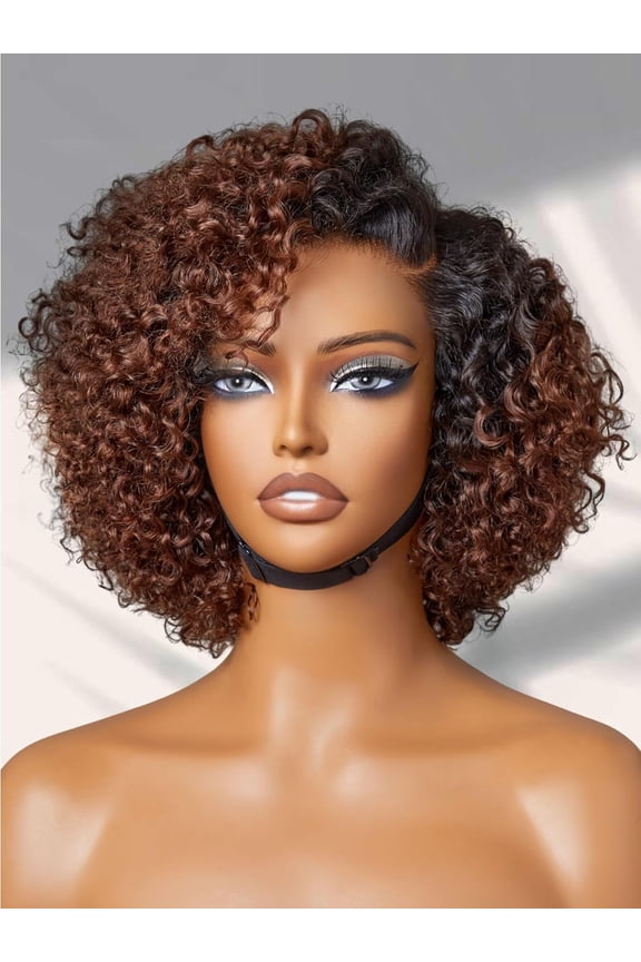 LUVME HD Lace Closure Kinky Curly Bob Wig 8" Ombre Mix Brown Human Hair Pre Cut Glueless C-Side Parted For Women