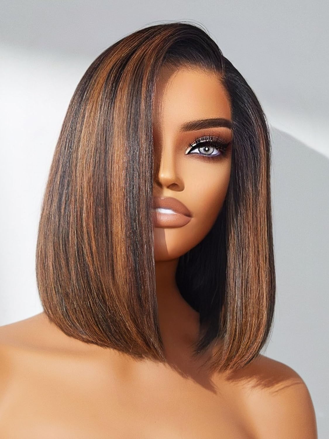 LUVME HD Lace Front 12" Bob Wig 100% Human Hair Glueless 200% Density Brown Pre Plucked Natural Color Straight for Women