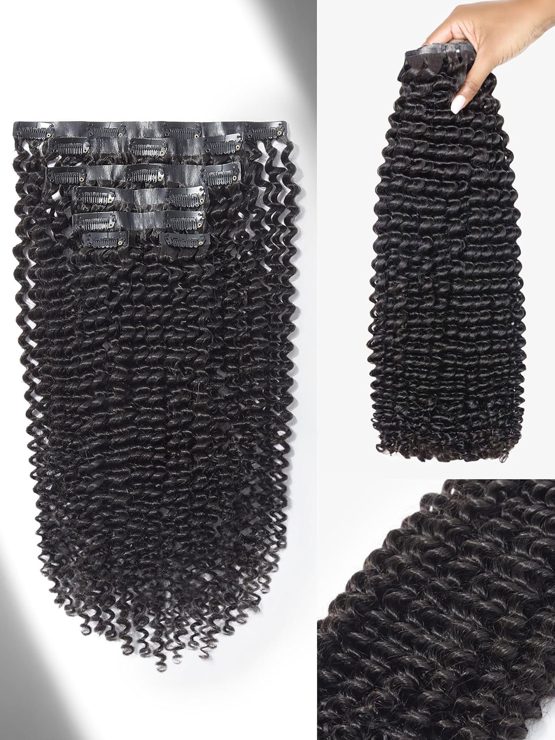 LUVME Seamless 24" Clip in Hair Extensions Human Hair Kinky Curly with Soft Invisible PU Weft Natural Black Hair for Women