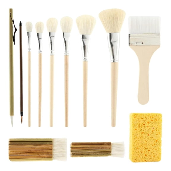Assorted Artist Paint Brushes With Sponge, 12 Piece Ceramic Glaze Brush Set for Pottery Painting, Broad Strokes, Fine De
