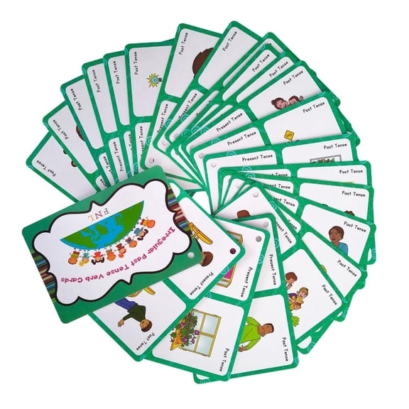 LUVNIMB English Irregular Verb Learning Cards for Preschool Learners, Present Past Word Cards with Pictures, Rounded Corner Lami