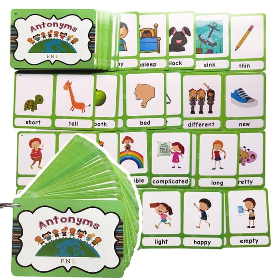 LUVNIMB Opposites Learning Card Set Laminated Study Pieces with Metal Loop Storage, Visual Word Pair Practice, Rounded Corners,