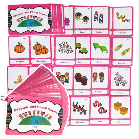 LUVNIMB Preschool Language Learning Cards, 36 Double-Sided Singular Plural Lessons, Metal Loop Linked Laminated Study Set for Cl
