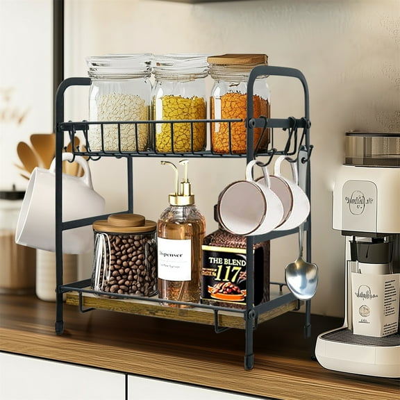 LUVODI 2 Tier Coffee Station Organizer for Counter Mug Tree Rack Cup Holder Stand with 12 Hooks 
