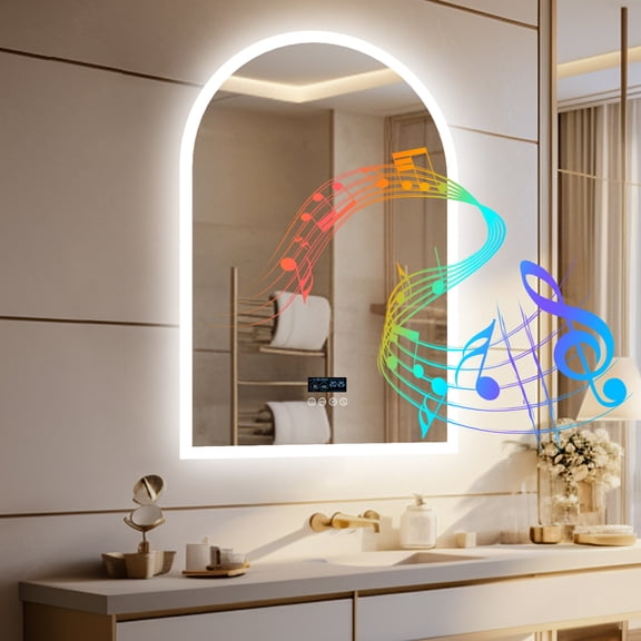 LUVODI 23.62x35.43 inch LED Bathroom Mirror Arched Dimmable Vanity Mirror for Wall with Backlight Anti-fog, Temperature, Date and Time