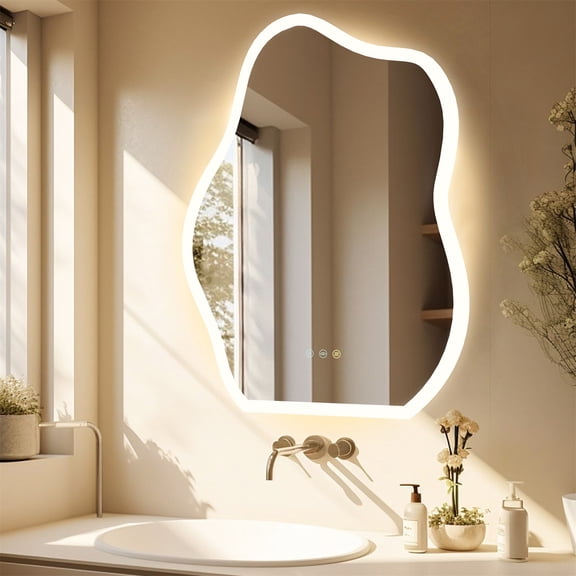 LUVODI 24"x 32" Irregular Lighted Bathroom Mirror Backlit Vanity Mirror for Wall Antifog 3-Color