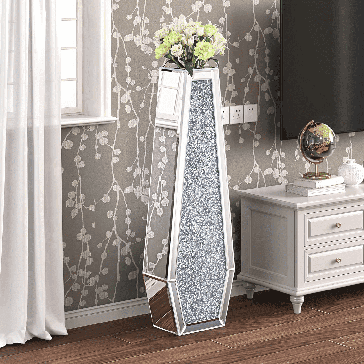 LUVODI 26.77 inch Tall Crushed Diamond Floor Vase Silver Large Vases ...