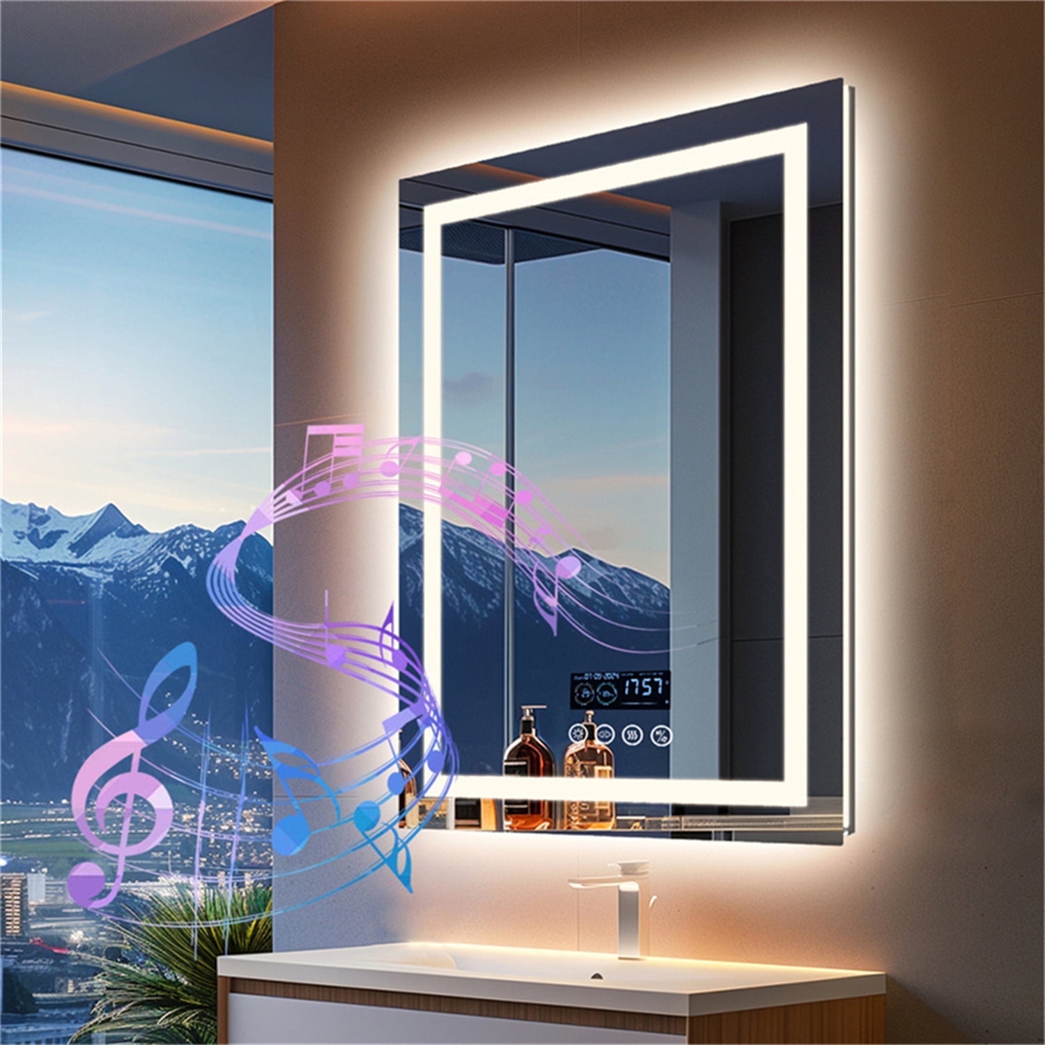 LUVODI 27.56x35.43 inch Square Lighted Bathroom Mirror with Bluetooth Speaker Dimmable Vanity ...