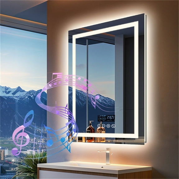LUVODI 27.56x35.43 inch Square Lighted Bathroom Mirror with Bluetooth Speaker Dimmable Vanity Makeup Wall Mounted Mirrors, Backlit + Front Lit, Memory Function, Anti-Fog, Horizontal/Vertical